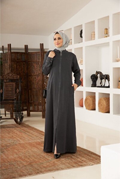 Neways 6579-Denim Fermuarlı Ferace Koyu Gri