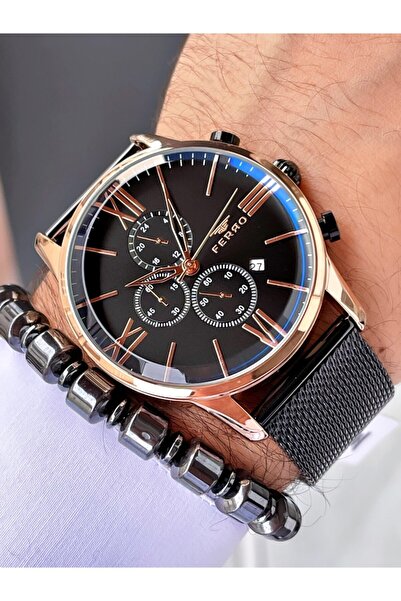 FERRO Siyah Renk Rose Gold Kasa Fonksiyonlar Aktif Erkek Kol Saati + Hematit ...