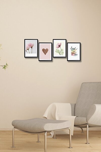 NT Handmade 4 Parça Ahşap Tablo Seti Duvar Dekoru - Pembe Çiçekler Salon Otur...