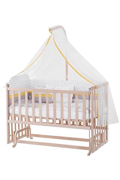Babycom Anne Yanı Naturel 60*120 Ahşap Beşik + Sarı Biyeli Uyku Seti