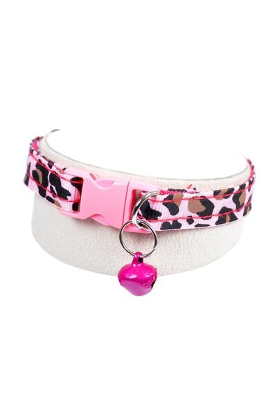 Tamiret Zilli Kedi Köpek Tasması Kedi Boyun Tasma Leopar Desenli Pembe Renk