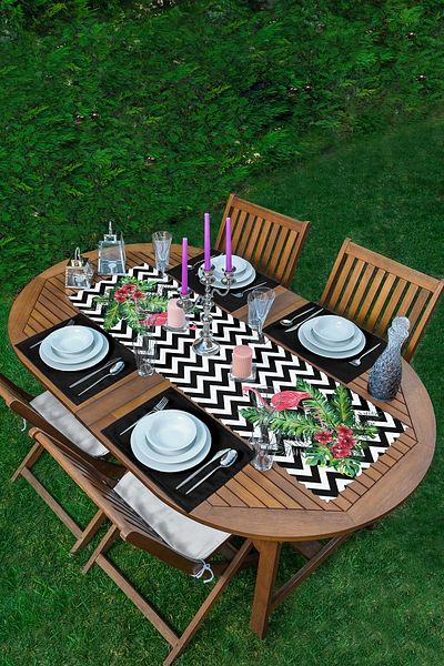 Realhomes 1 alergător cu design flamingo și frunze pe podea în zig-zag și 4 servește de loc de culoare neagră