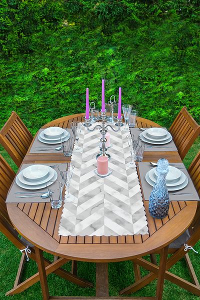 Realhomes Modern 1 Runner with Geometric Patterned Marble Floor & 4 Gray Colored Placemat