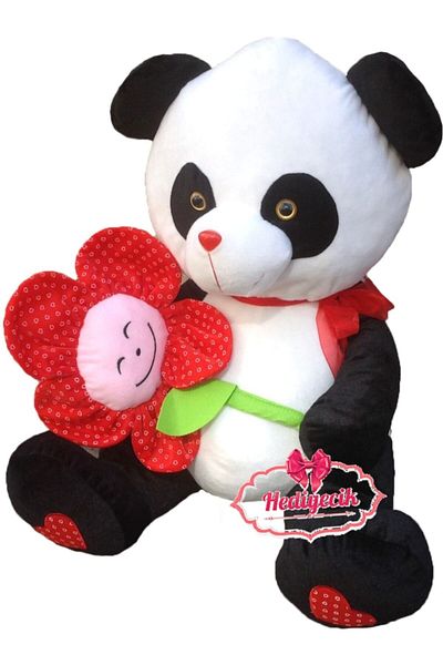 hediyecik 75 Cm Cute Plush Panda - Large Size Holding Flowers