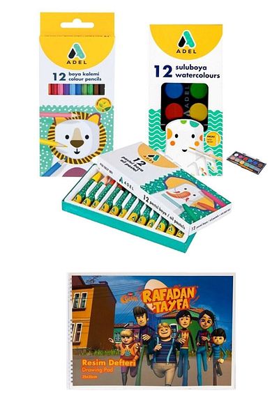 Adel Dry Paint Pastel Paint Water Color 3 Pieces 12 Colors Paint Set with Paintbook Gift