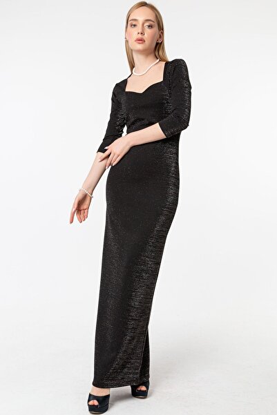 Laranor Siyah Prenses Yaka Simli Krep Kumaş Yırtmaç Detaylı Elbise