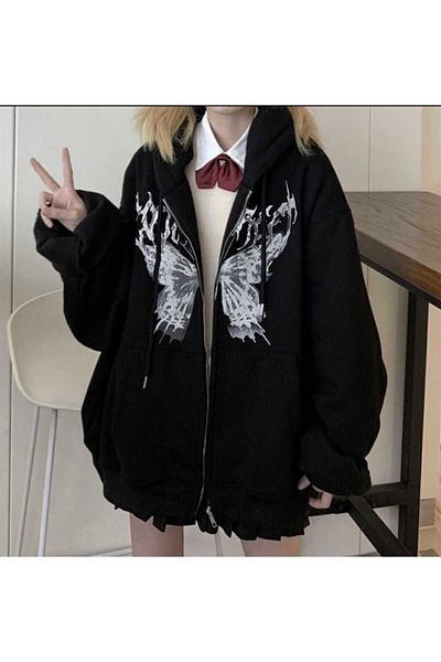 Köstebek Суитшърт с качулка и цип Harajuku Butterfly Black (унисекс)