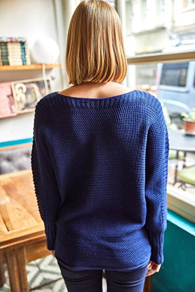 Olalook Női sötétkék ujjú részletes méhsejt kötött pulóver KZK-19000399