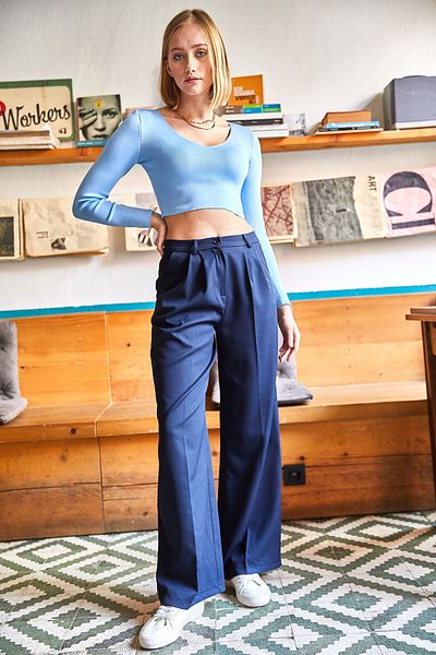 Olalook Pantaloni Palazzo Atlas de damă, albastru bleumarin, cu buzunar plisat PNT-19000149