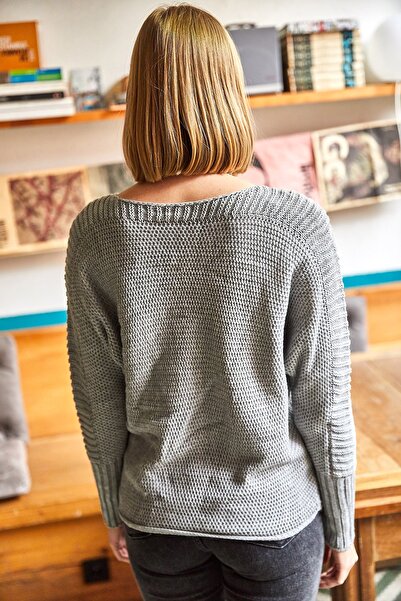 Olalook Pulover de damă din tricot tip fagure cu mâneci gri KZK-19000399