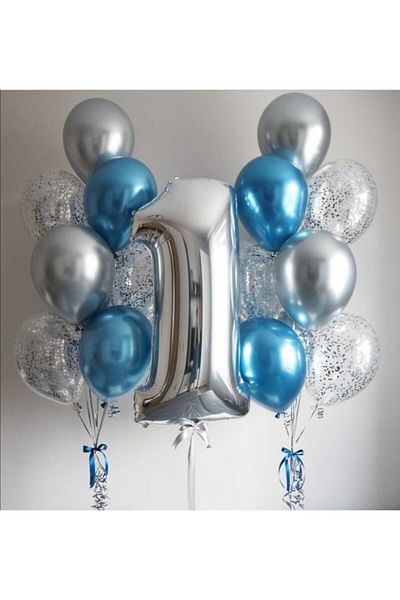 Ekin Süs Blue Silver Chrome 1 Year Old Balloon Set
