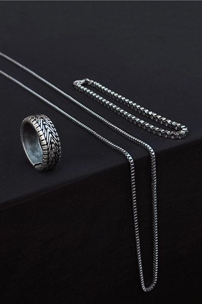 The Collection Wheel Tire Shaped Adjustable Silver Ring Cube Bracelet And Necklace Set