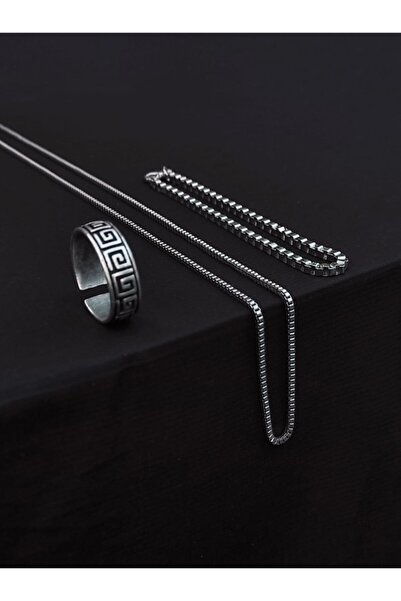 The Collection Antik Desen Ayarlanabilir Gümüş Yüzük Küp Bileklik Ve Kolye Set