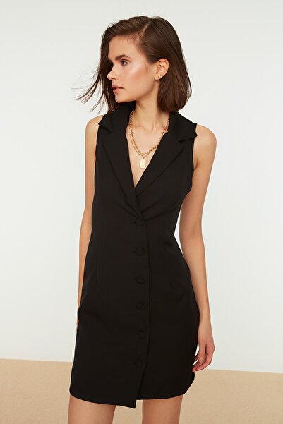Trendyol Collection Μίνι φόρεμα με μαύρο κουμπί με λεπτομέρεια υφαντό με επένδυση TWOSS19AP0280