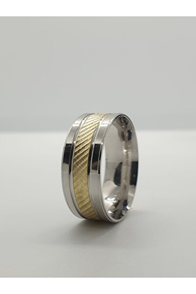 Gri Gümüş Altın Şeritli 925 Ayar Gümüş Alyans