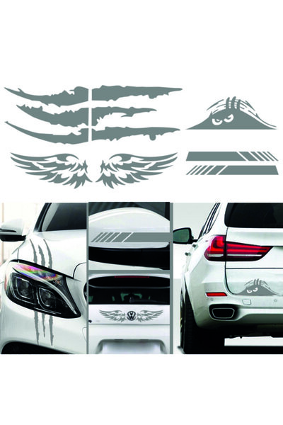 MegaSticker 4 Pack Rearview, Wing, Monster Claw, Luggage Auto Sticker Gray