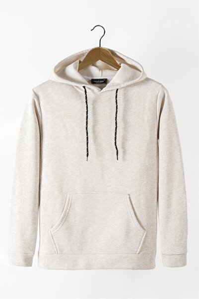 Terapi Men Erkek Krem Kapüşonlu Kanguru Cepli Basic Hoodie Sweatshirt