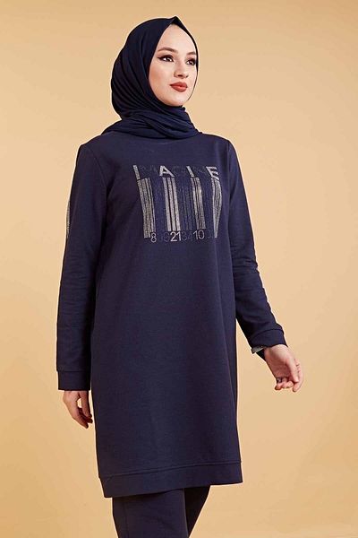 CNG MODA Women's Stoned Navy Blue Hijab Tracksuit Set