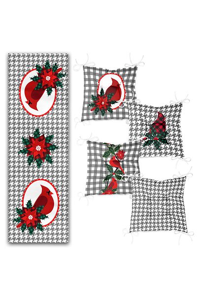 Realhomes Red Cardial Bird Set special conceput de 4 perne pentru scaune puf și 1 pasaj cu fundal în carouri gri