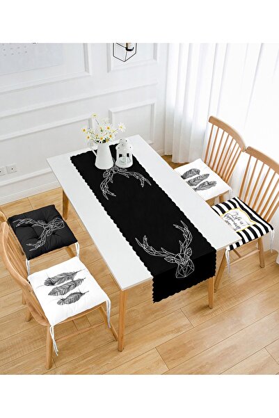 Realhomes Siyah Zemin Geyik & Tüy Tasarımlı 4 Pofidik Sandalye Minderi Ve 1 R...