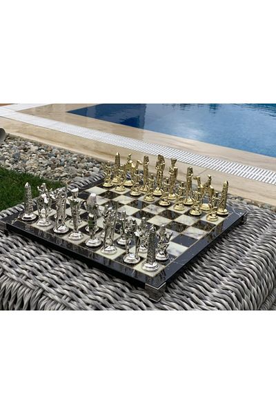 POLO BLUE Large Ancient Egyptian Chess Set – Marble Patterned Wooden Table & Cast Metal Stones