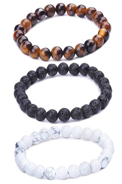 Kusakli مجموعة من 3 أساور من الحجر الطبيعي المختلط