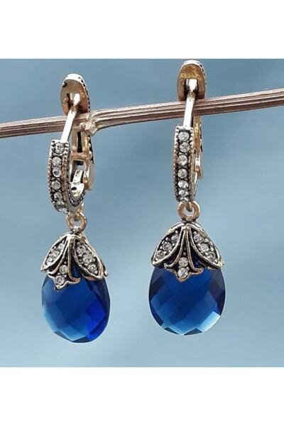 Aşina Gümüş Koyu Mavi Damla Küpe Elmas Montur Yeniyıl Hediyesi