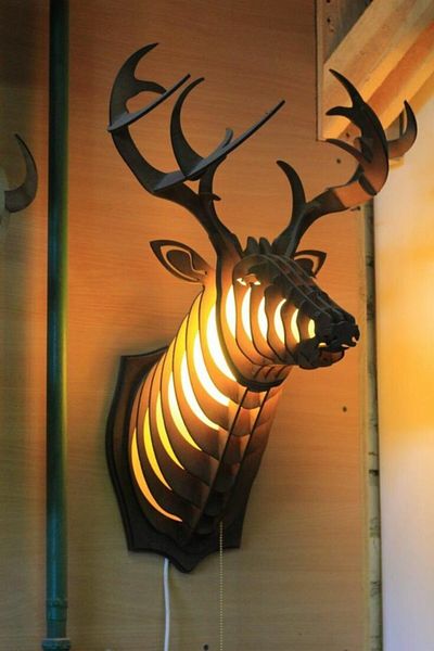 hü ma tasarım ve aksesuar Natural Wooden MDF Laser Cut Rustic Living Room Sconce Wall Decor with Deer Head Design
