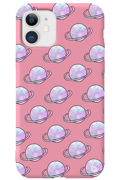 WANNA PROTECT iPhone 12 Pink Colored Saturn Velvet Patterned Silicone Phone Case