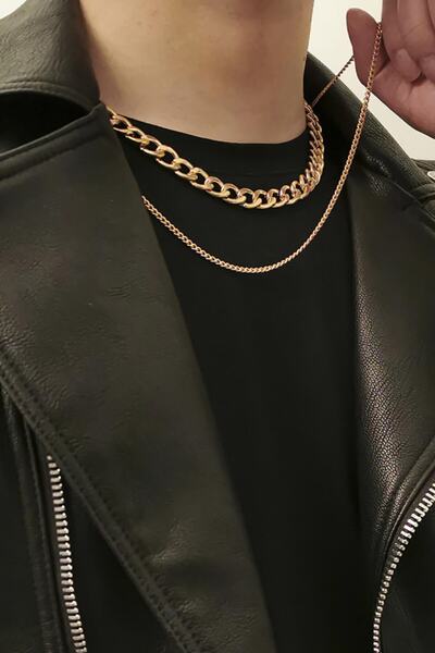 Bluem قلادة صفراء مزدوجة سميكة رقيقة من سلسلة الشعير للرجال - قلادة مستوردة من الفولاذ المقاوم للتشويه