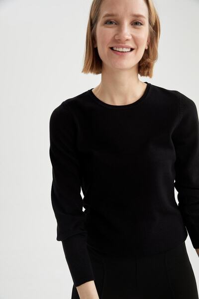 Defacto Kids Pulover de tricotat din cașmir cu textura extra moale, negru, guler rotund pentru femei, F7091az21wn