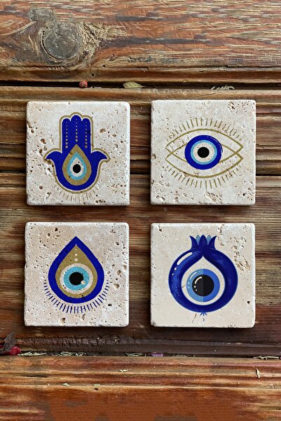 Oscar Stone Decor Taş Bardak Altlığı  4 Lü Set  10 cmx10 cm  Naza Boncuğu