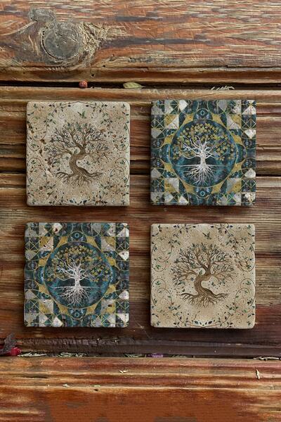 Oscar Stone Decor Taş Bardak Altlığı Stone Coasters - 4lü Set Hayat Ağacı Öze...