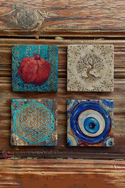 Oscar Stone Decor Taş Bardak Altlığı Stone Coasters - 4lü Set Hayat Ağacı Nar...