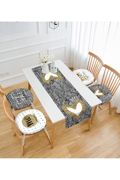 Realhomes Black and White Stay with Me Themed Set of 4 Round Pouf Chair Cushions and 1 Runner