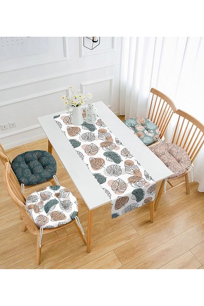 Realhomes Abstract Colorful Tropical Leaf Drawing 4 Round Pouf Chair Cushion 1 Runner Set