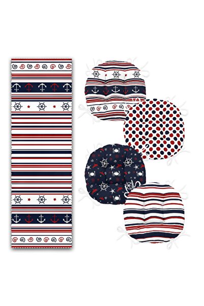 Realhomes Бордо-синій морський дизайн 4 круглі м'які подушки для стільців і 1 комплект бігунків