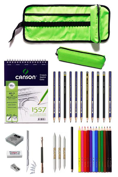 GLANCE Canson Sketchbook 11 Charcoal and Curry Pencil 23 Piece Drawing Sketch Set with Bag Green