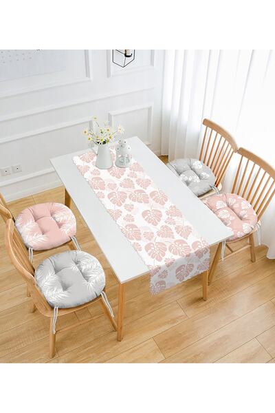 Realhomes Soyut Pembe Gri Yaprak Tasarımlı 4 Yuvarlak Pofidik Sandalye Minderi Ve 1 Runner Seti