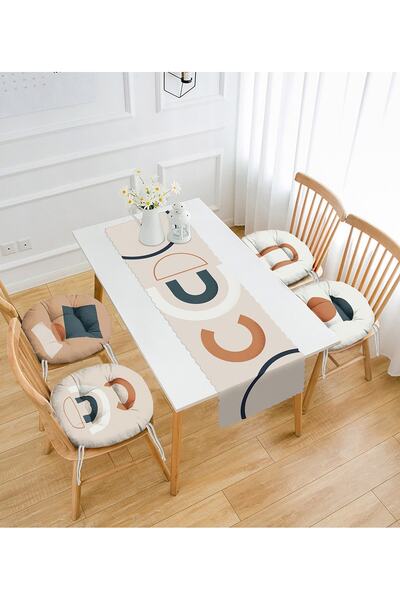 Realhomes Soyut Tasarımlı 4 Yuvarlak Pofidik Sandalye Minderi Ve 1 Runner Seti