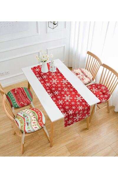 Realhomes Kırmızı Zeminde Kar Tanesi Motifli 4 Yuvarlak Pofidik Sandalye Minderi Ve 1 Runner Seti