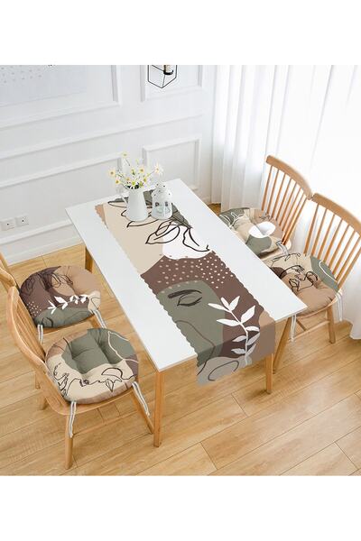 Realhomes Kahve Tonlarında Portre Tasarımlı 4 Yuvarlak Pofidik Sandalye Minderi Ve 1 Runner Seti