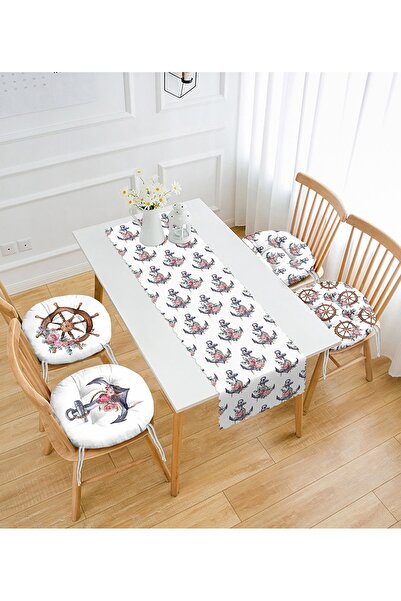 Realhomes Gül Detaylı Çapa & Dümen Tasarımlı Denizci Motifli 4 Yuvarlak Pofid...