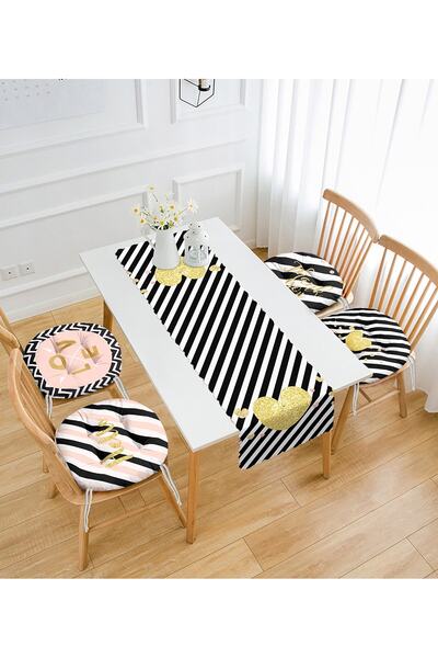 Realhomes Siyah Beyaz Zigzag Zeminli Love Temalı 4 Yuvarlak Pofidik Sandalye ...