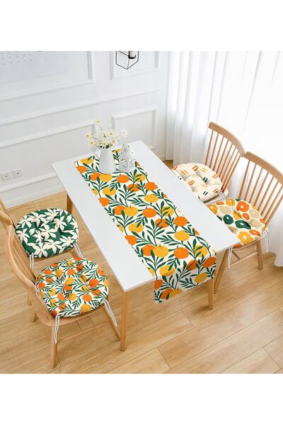 Realhomes Orange Designed 4 Round Pouf Chair Cushions and 1 Runner Set with Cream Floor