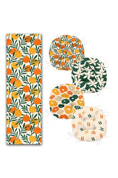 Realhomes Orange Designed 4 Round Pouf Chair Cushions and 1 Runner Set with Cream Floor