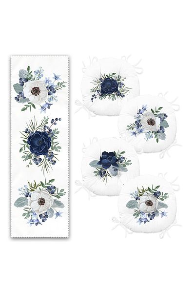 Realhomes Blue & White Rose Special Design Set of 4 Round Fluffy Chair Cushions and 1 Runner