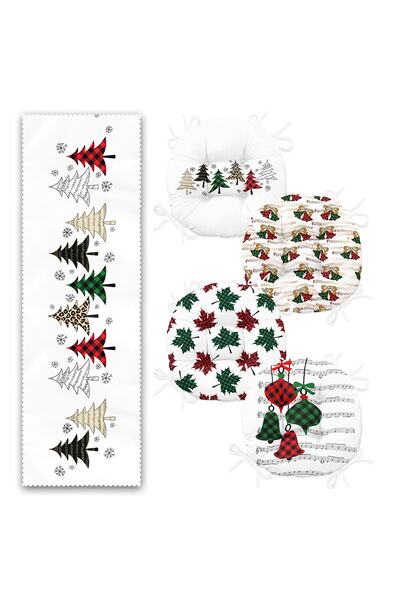 Realhomes New Year's Themed Plaid Pine Tree Designed Set of 4 Round Pouf Chair Cushions and 1 Runner