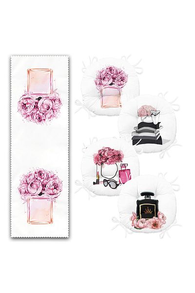 Realhomes Perfume Bottle Designed Set of 4 Round Fluffy Chair Cushions and 1 Runner