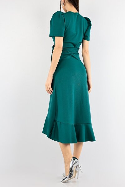 NKTCOLLECTİON Kadın Yeşil Kemerli Volanlı Şık Davet Elbisesi Abiye Elbise 92115